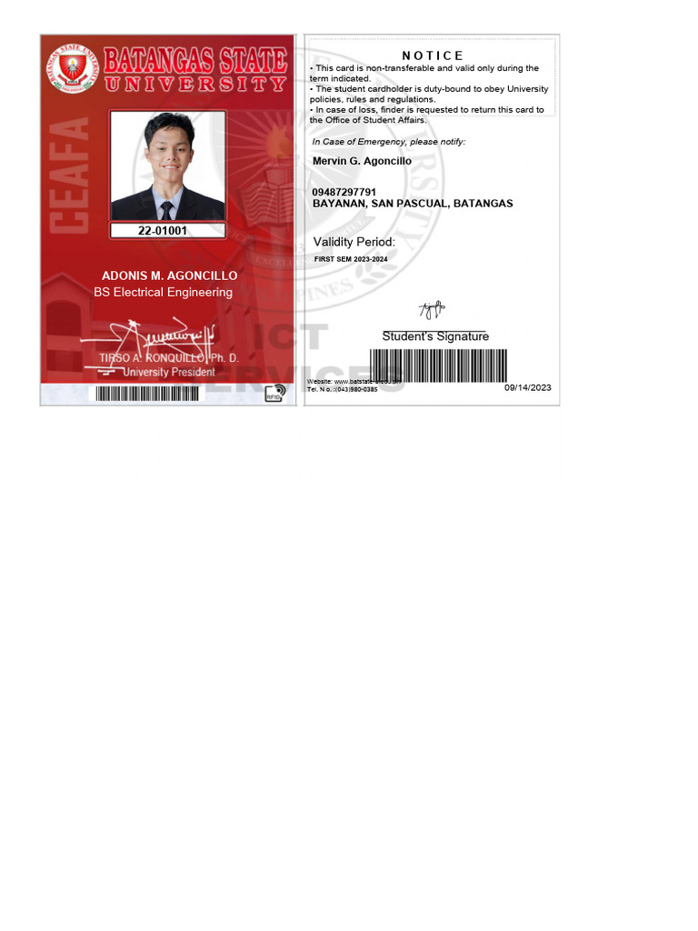 Adonis Agoncillo Student Card 2023-2024 | PDF