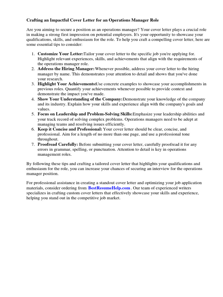 Cover letter for operations manager role pdf employment proofreading