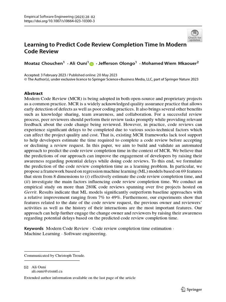 Predicting Code Review Completion Time | PDF | Source Code | Prediction