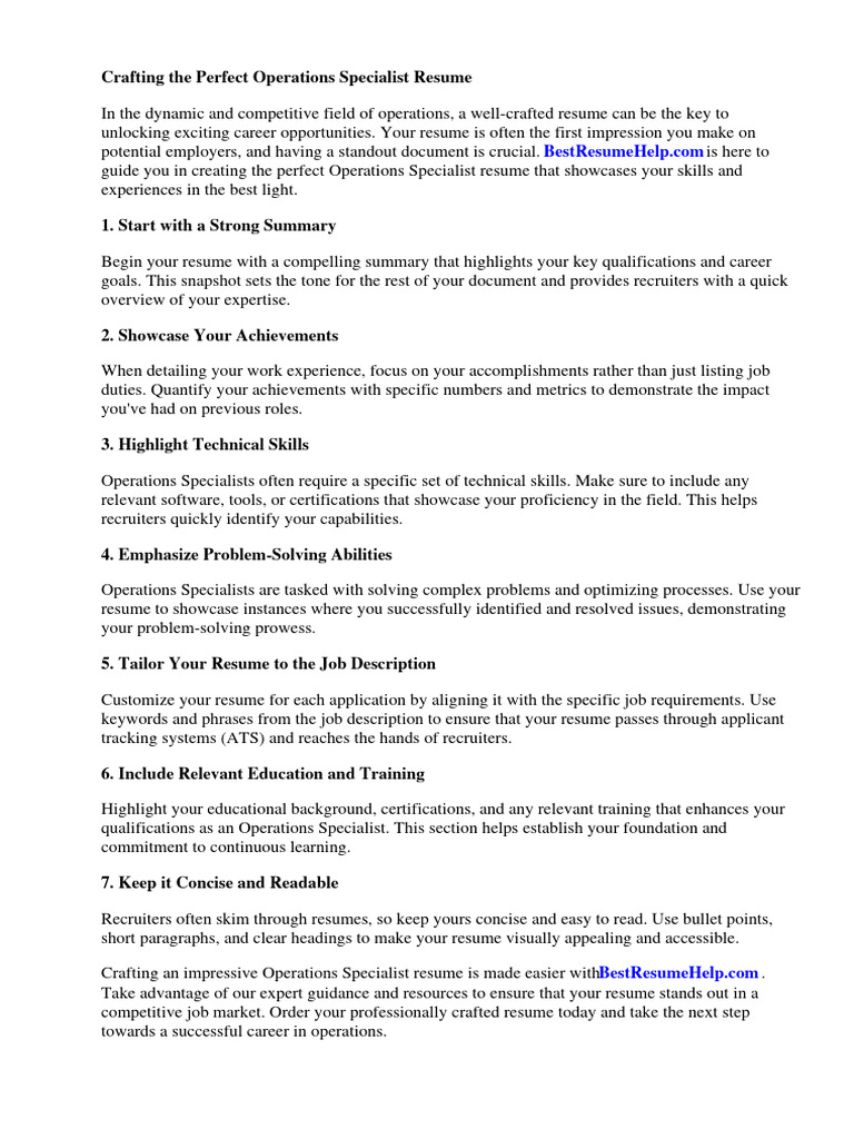 Operations Specialist Resume | PDF | Résumé | Sales