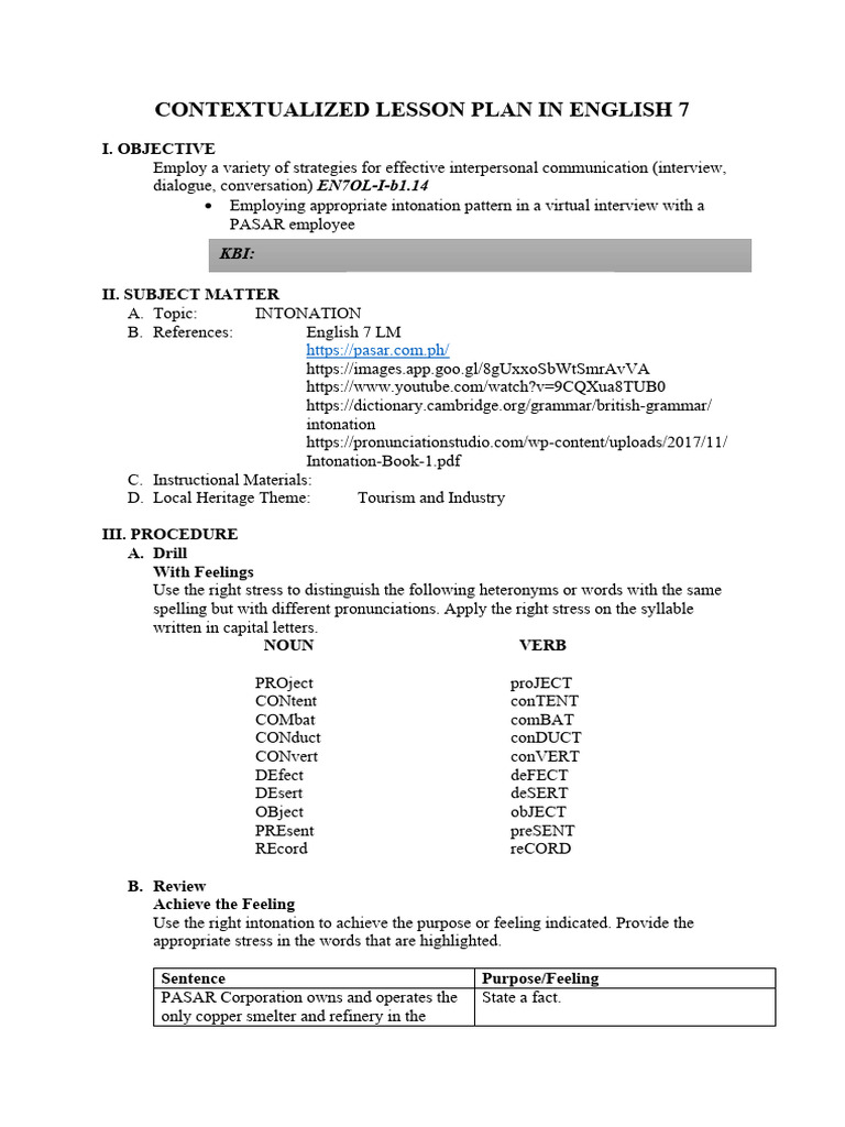 English 7 Intonation Lesson Plan | PDF | Question | English Language