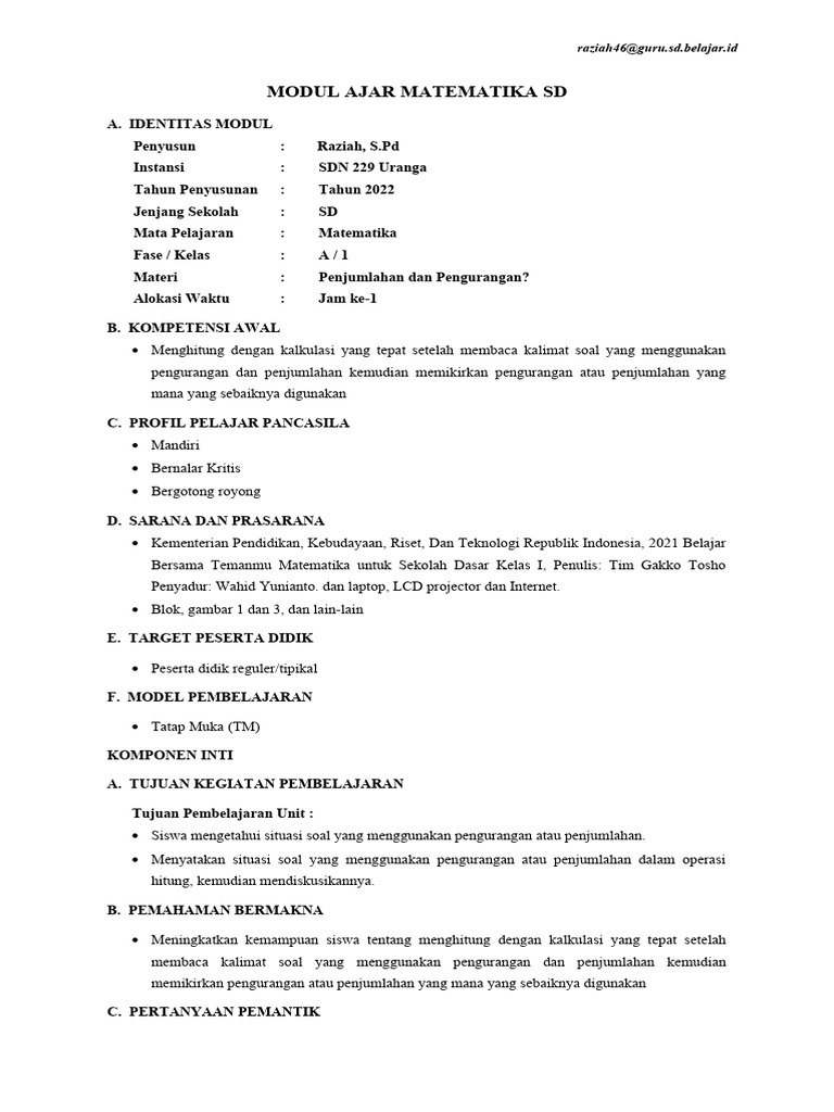 Modul Ajar Matematika Kelas 1 SD | PDF
