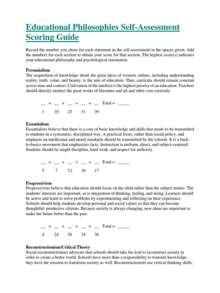 Self Assessment Scoring Guide | PDF | Philosophy Of Education | Curriculum