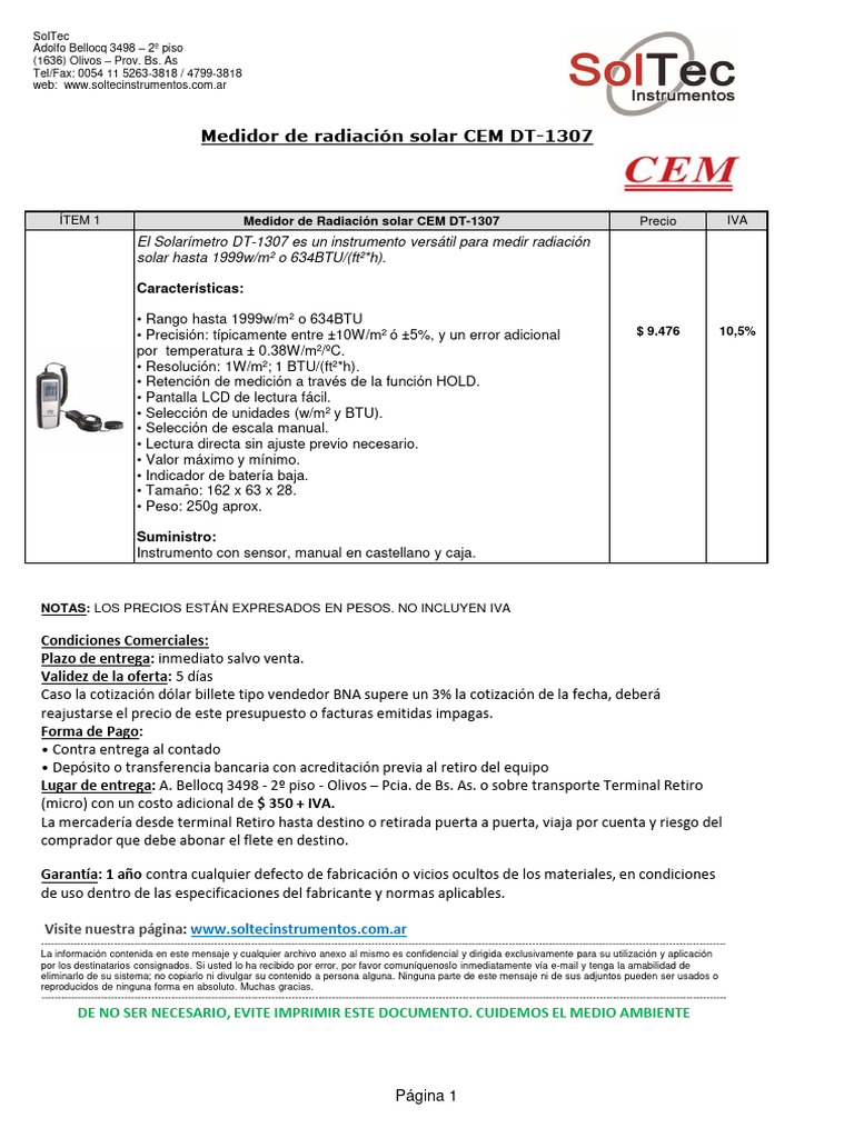 Solarímetro DT-1307 CEM - 103 | PDF