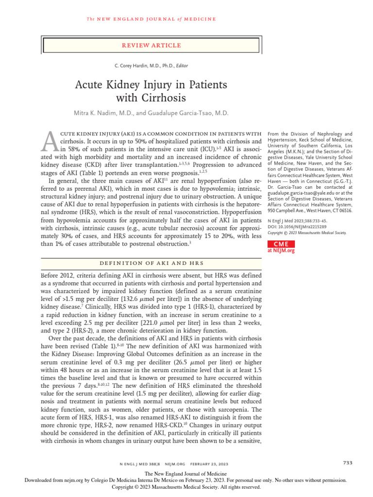 Lesion renal aguda y sx hepatorrenal en cirrosis nejm 2023 1 5 pdf
