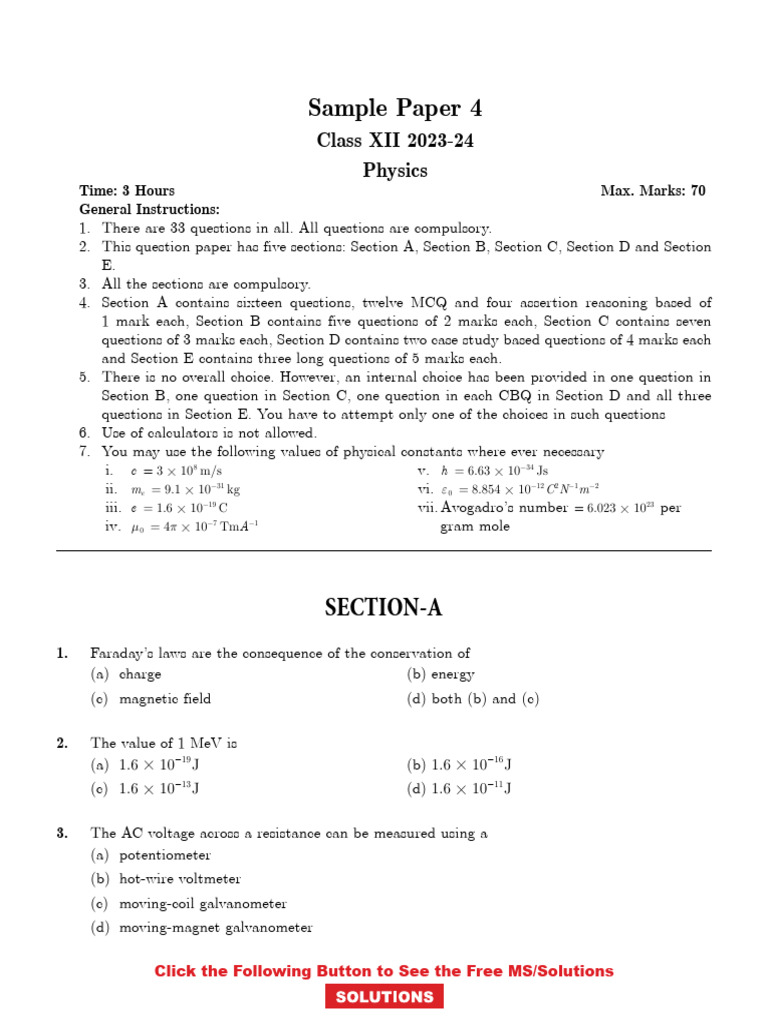 CBSE Class 12 Physics Sample Paper 4 | PDF | Magnetic Field | Waves