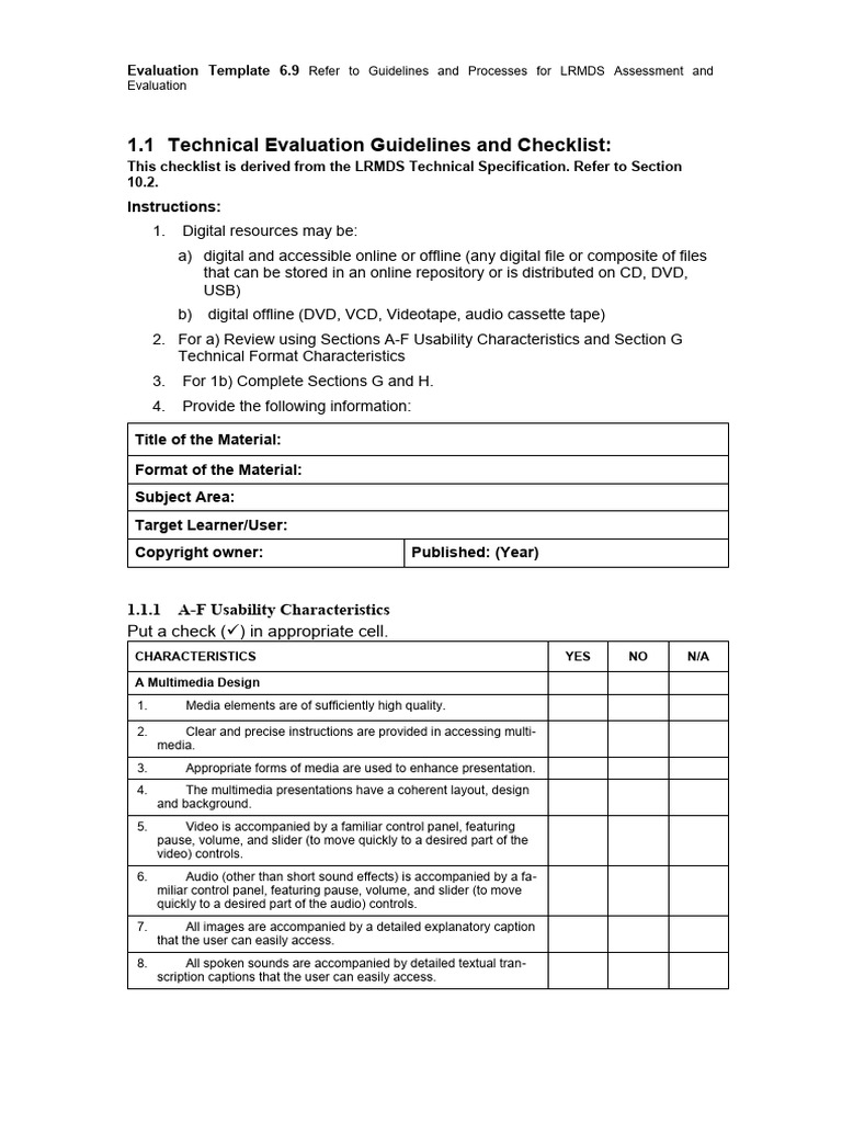 Technical evaluation guidelines and checklist pdf hyperlink menu
