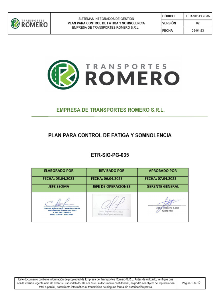 Plan de Control de Fatiga Romero S.R.L. | PDF | Seguridad y salud ...