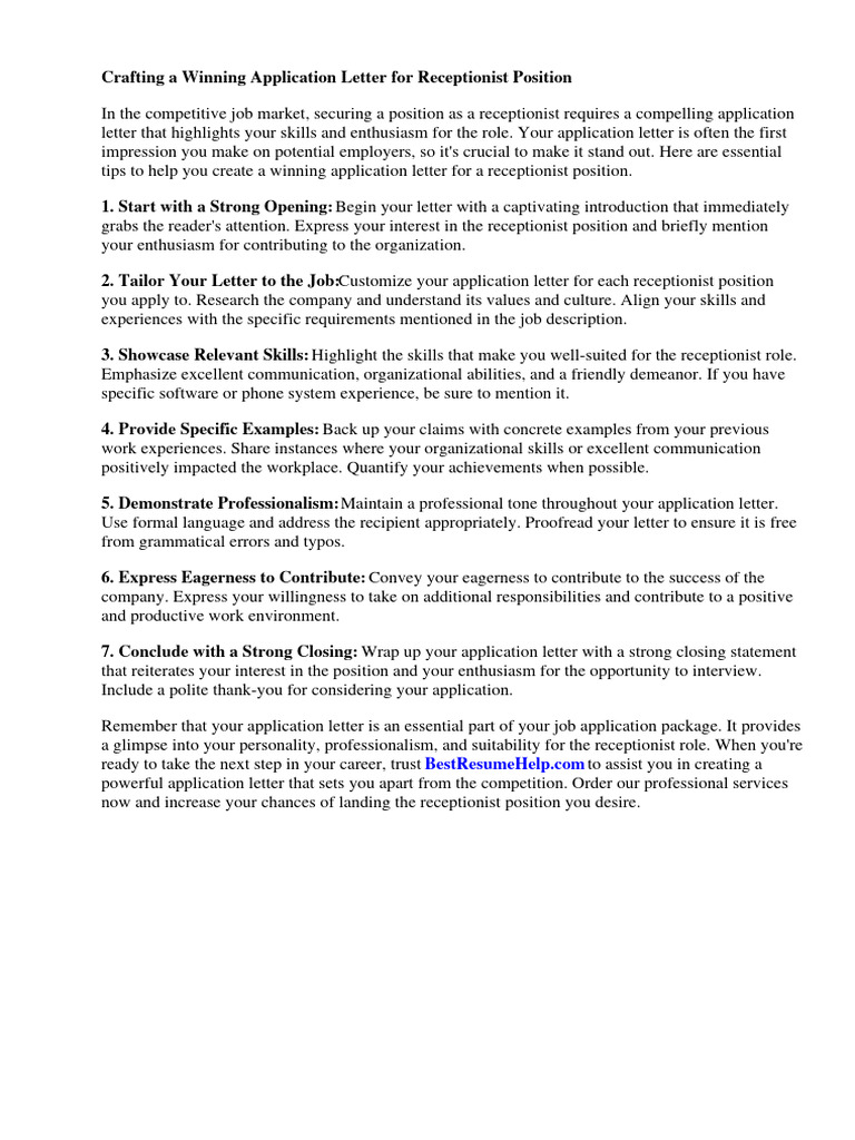 Application Letter For Receptionist - 1711587574