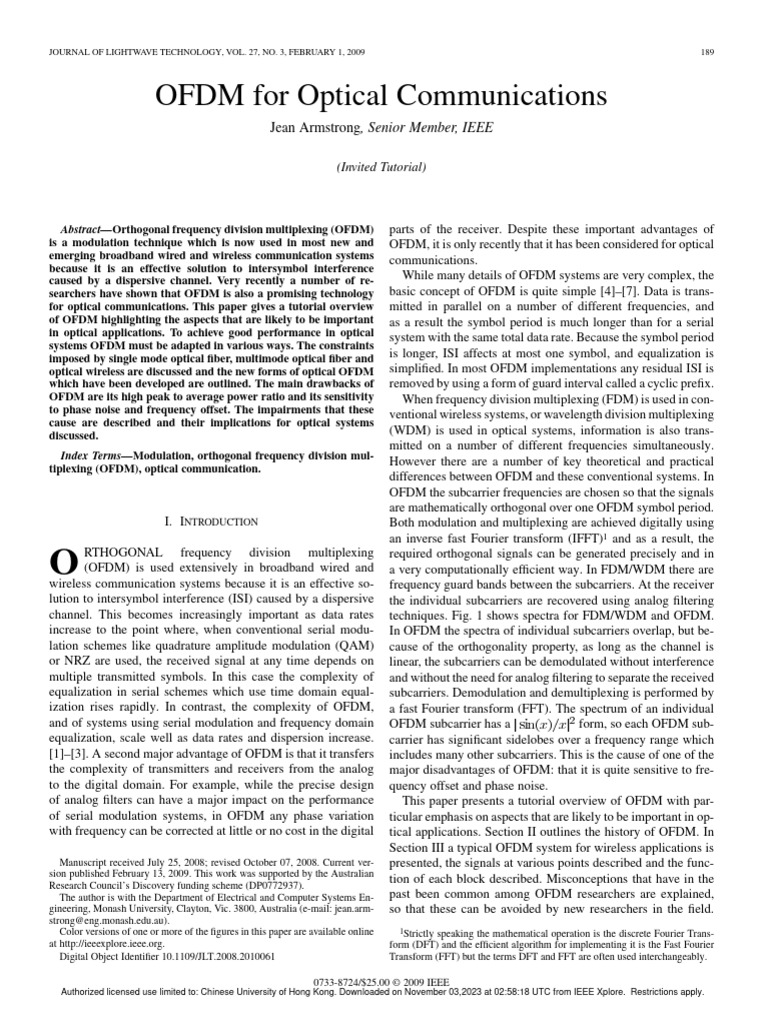 OFDM For Optical Communications | PDF | Orthogonal Frequency Division ...