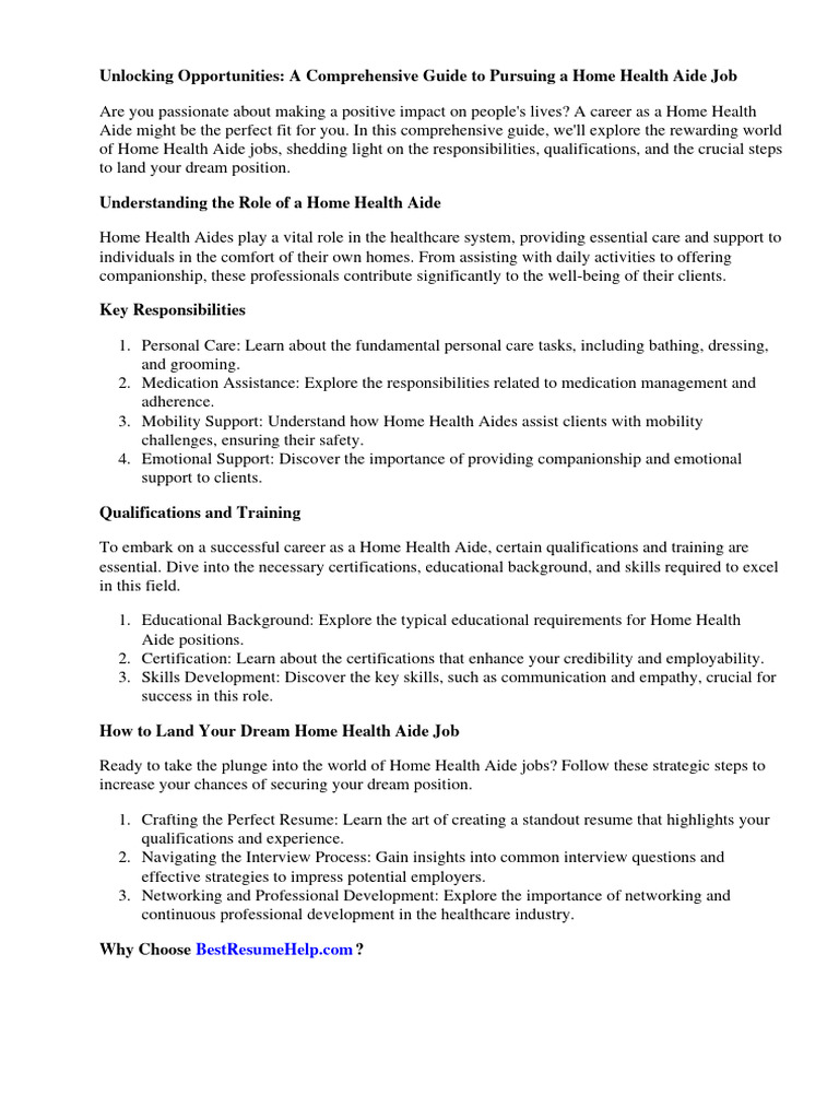 Home Health Aide Job Description Resume PDF Nursing Health Care
