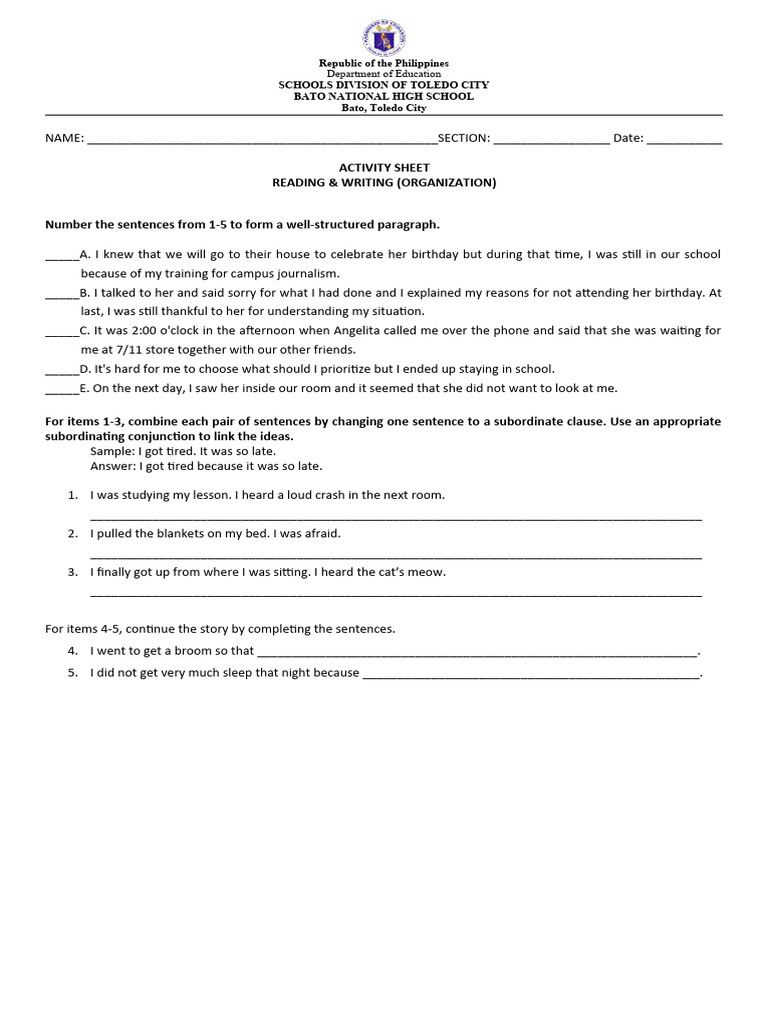Reading & Writing Activity Sheet | PDF | Logic | Grammar