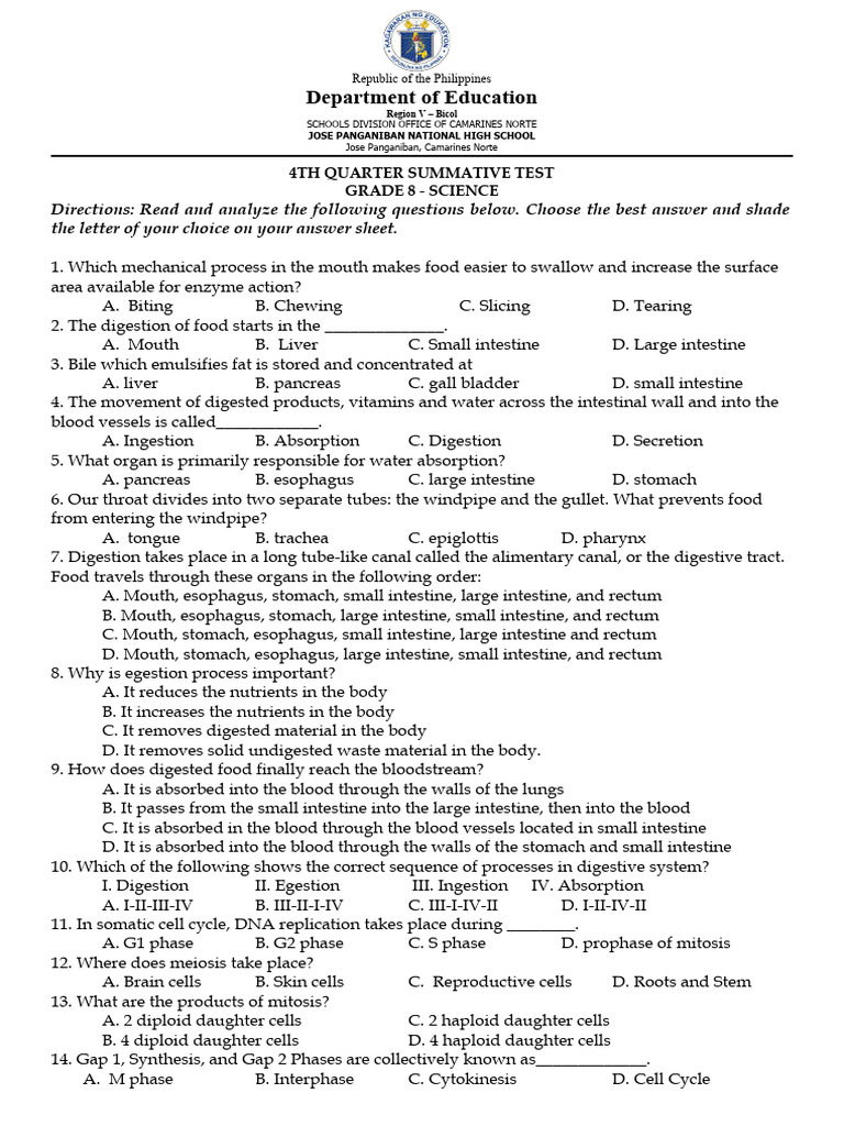 Grade 8 Science Summative Test Guide | PDF | Dominance (Genetics) | Meiosis
