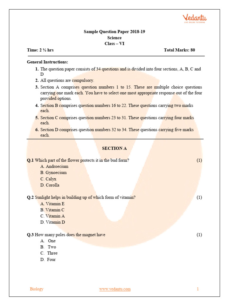 CBSE Sample Paper For Class 6 Science With Solutions - Mock Paper-1 ...