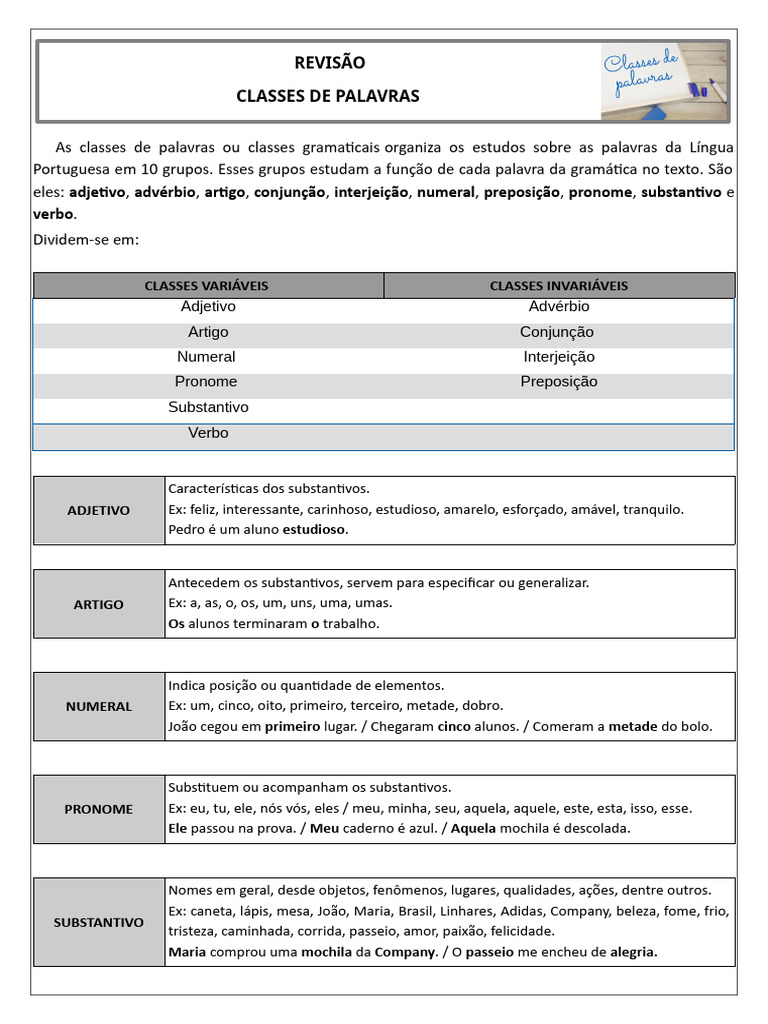 Revisão das Classes de Palavras | PDF | Pronome | Classe gramatical