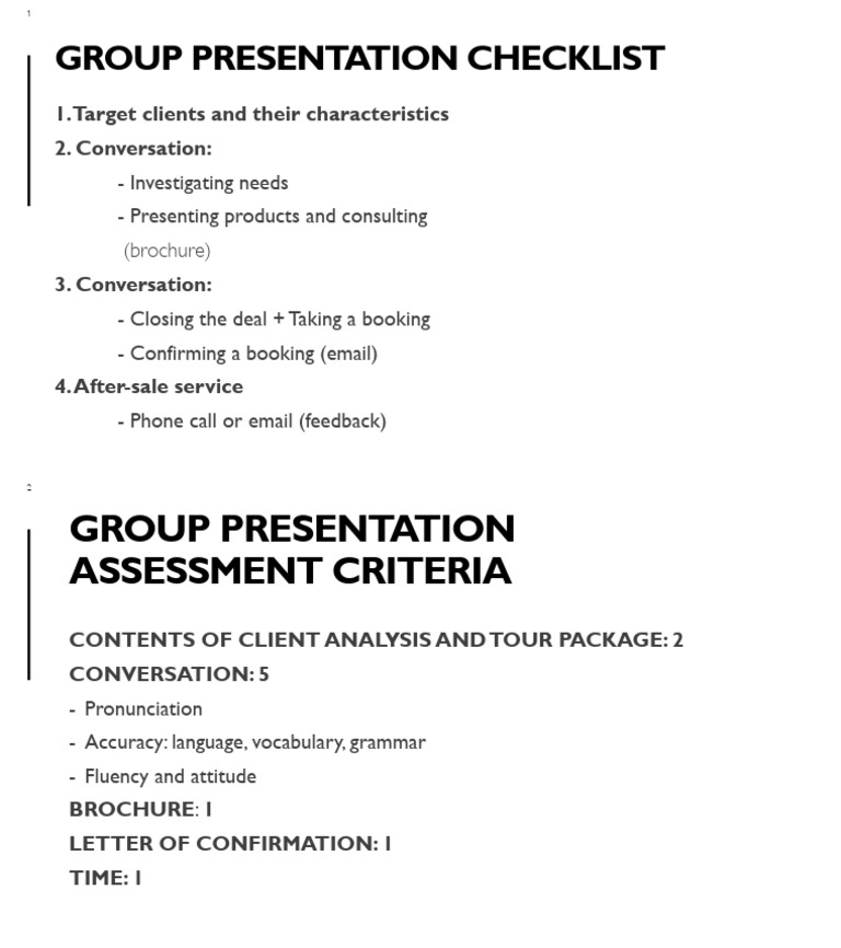 Travel Group Presentation Checklist | PDF | Foreign Language Studies
