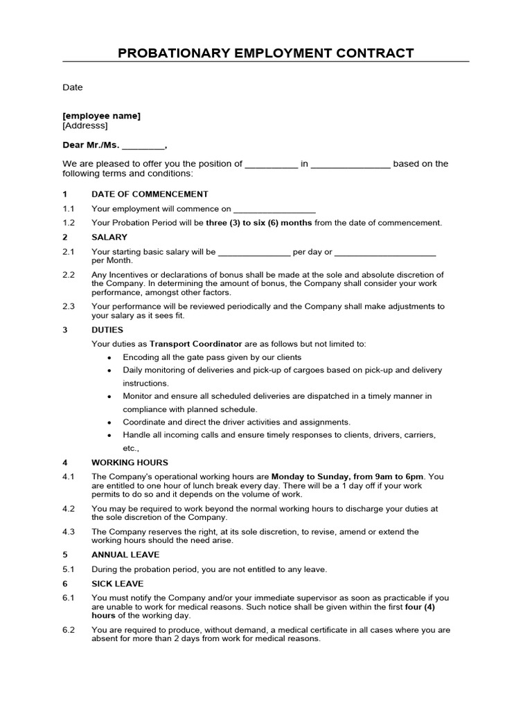 Probationary Contract Template PDF Employment Salary
