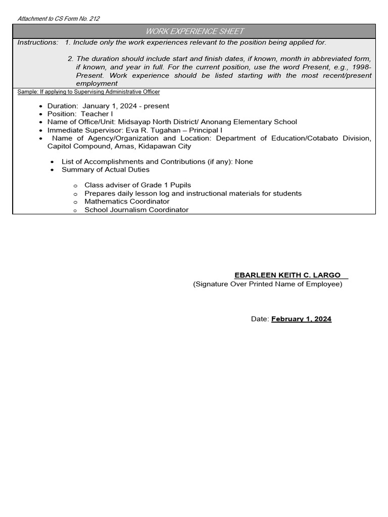 Cs form no 212 attachment work experience sheet pdf