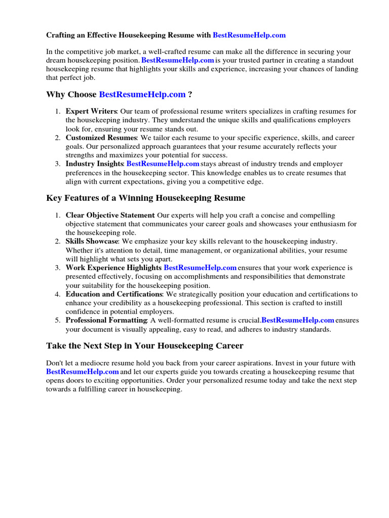 Housekeeping Resume With No Experience PDF Housekeeping Résumé