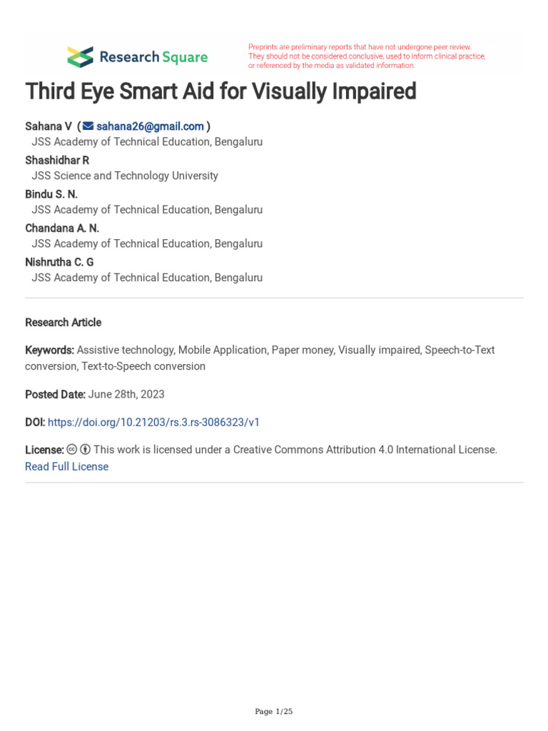 Third Eye Smart Aid For Visually Impaired PDF Optical Character