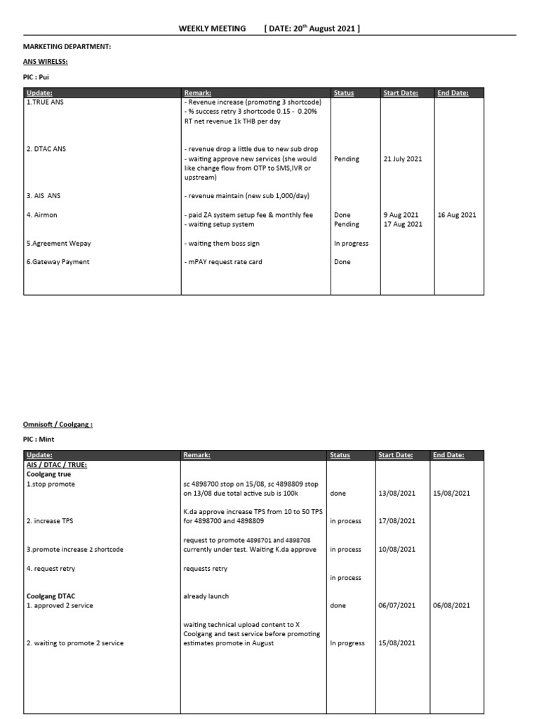 WEEKLY MEETING Template (Marketing Team 20 08 2021) Download Free