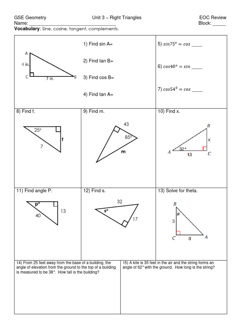Right Triangles EOC Review Guide | PDF | Trigonometric Functions | Triangle