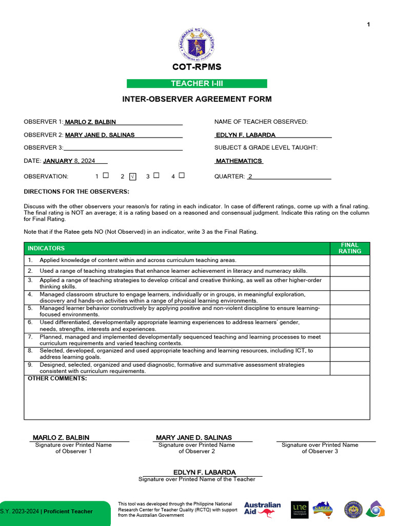 Inter-Observer Agreement Form 2025 | PDF | Learning | Curriculum