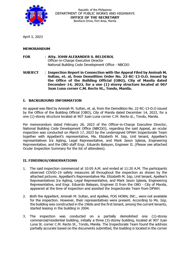Final inspection report fog horn pdf manila wall