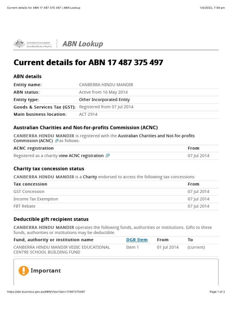 Current details for abn 17 487 375 497 abn lookup pdf charitable