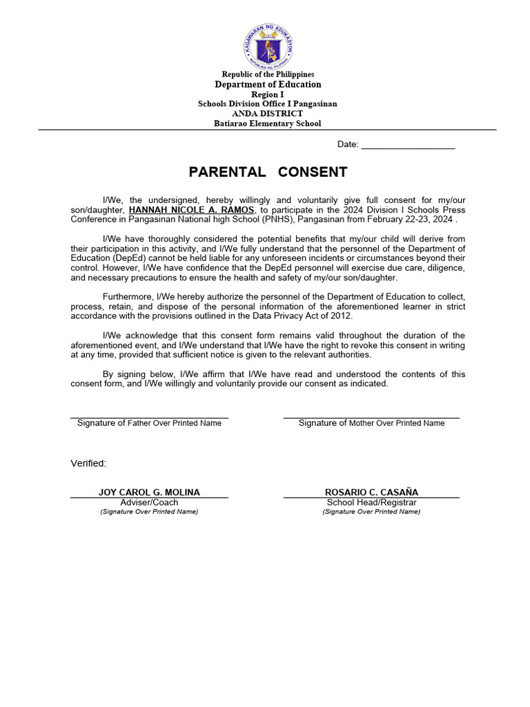 Parental Consent for Press Conference 2024 | PDF | Consent