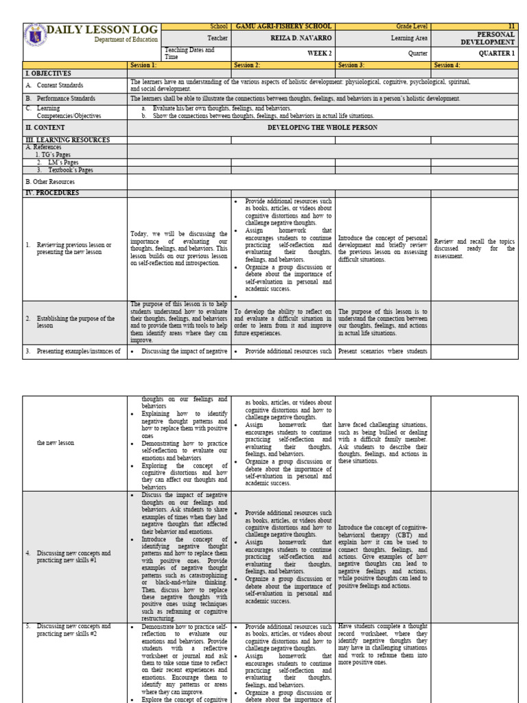 Personal Development Lesson Plan | PDF | Thought | Feeling