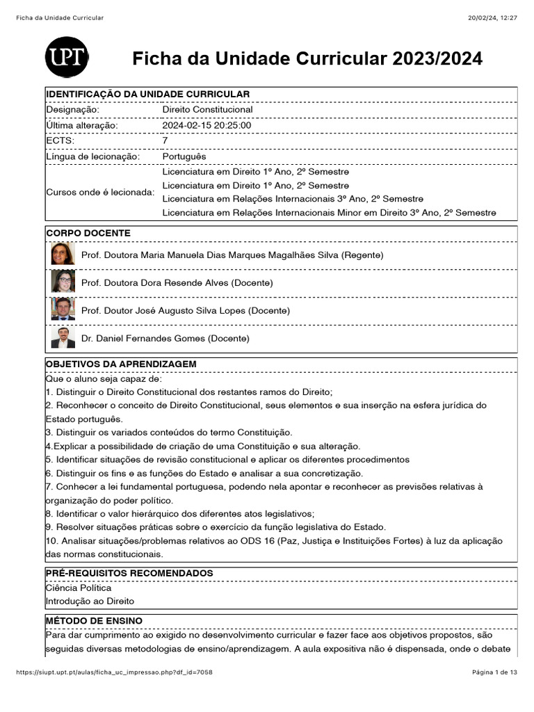 Ficha Da Unidade Curricular DC | PDF | Constituição | Lei Constitucional