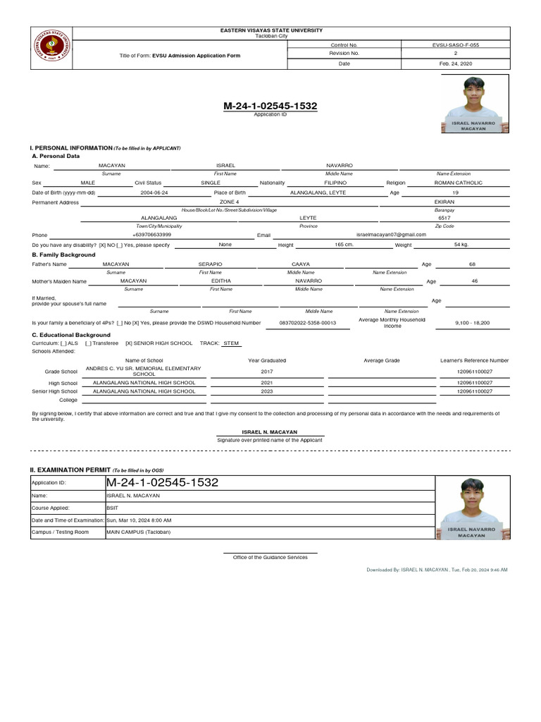 EVSU Admission Form Guide | PDF