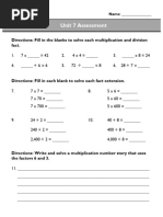 Unit 7 Assessment: Directions: Fill in The Blanks To Solve Each Multiplication and Division Fact