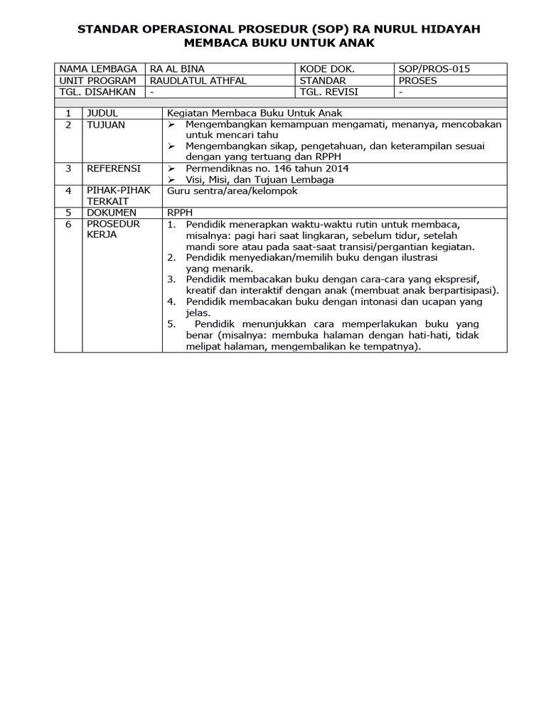 Standar Operasional Prosedur (Sop) Ra Nurul Hidayah Membaca Buku Untuk ...