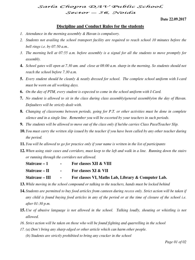 Student Discipline Rules at DAV Noida | PDF