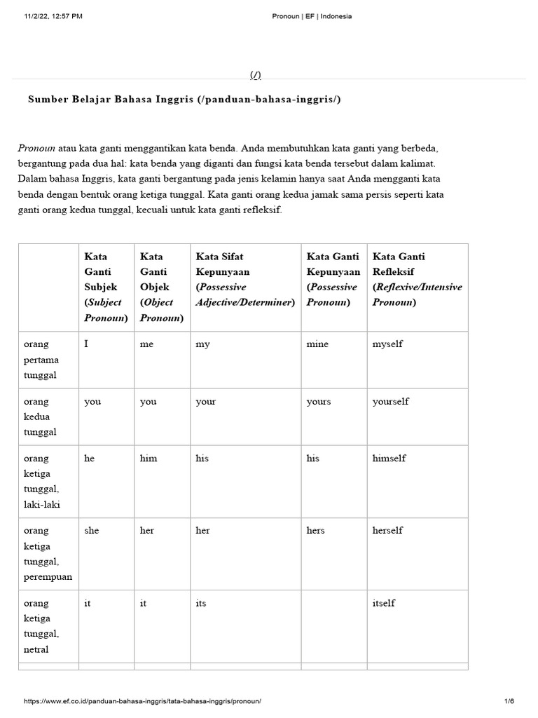 Panduan Lengkap Kata Ganti dalam Bahasa Inggris | PDF