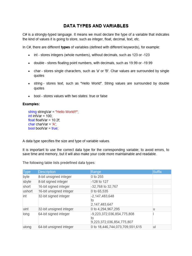 Data Types and Variables | PDF | Integer (Computer Science) | Data Type