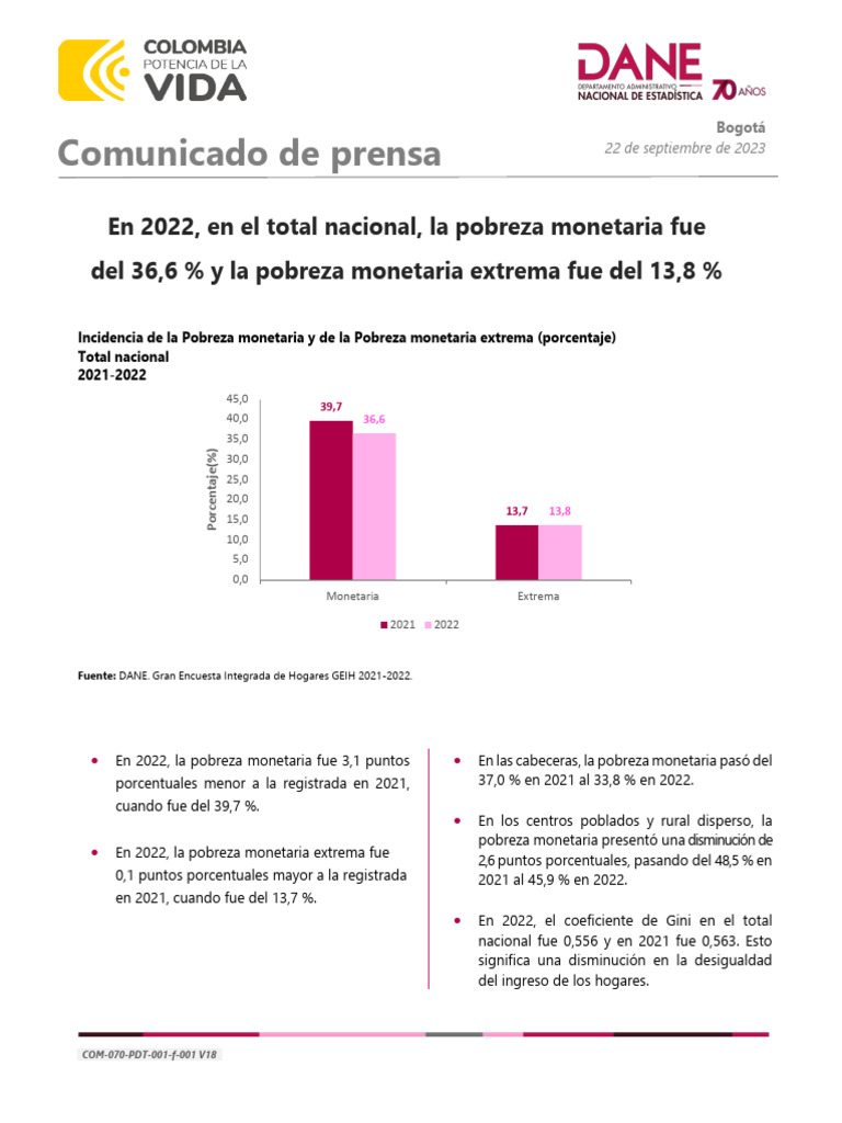 Pobreza Monetaria en Colombia 2022 | PDF