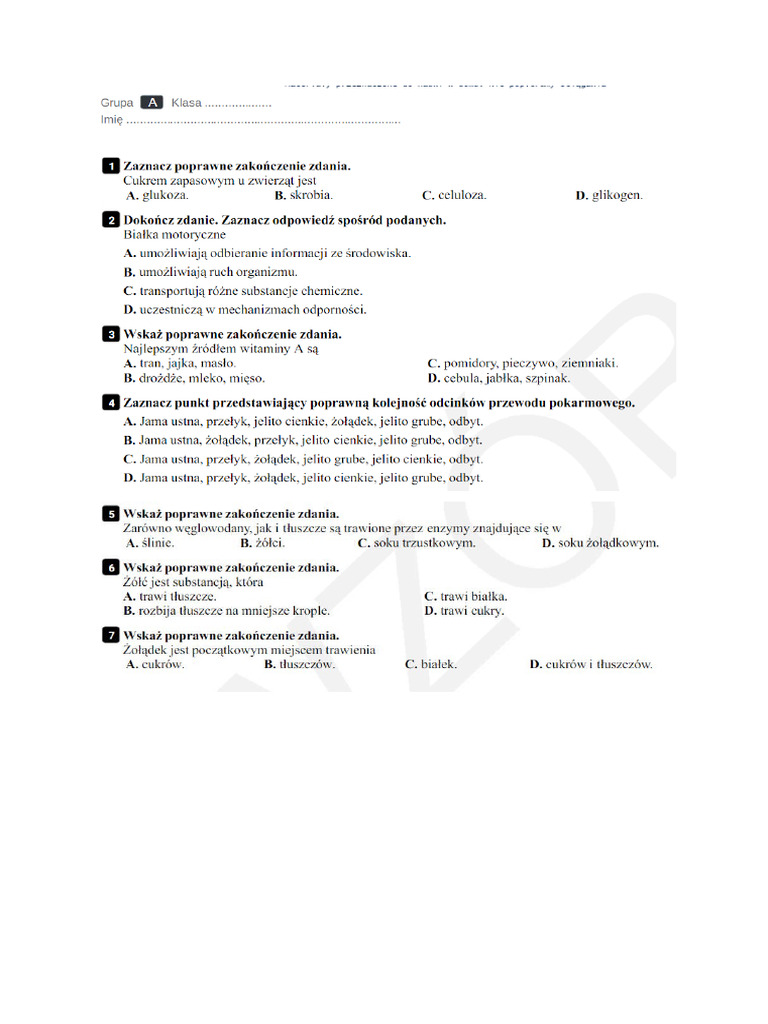 Układ Pokarmowy Klasa 7 Test Biologia Klasa 7 Układ Pokarmowy | PDF