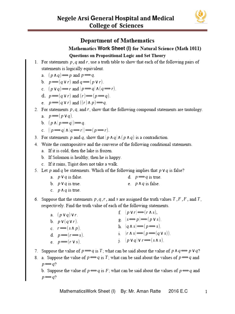 Mathematics Worksheet for Natural Science | PDF | Logic | Mathematical ...