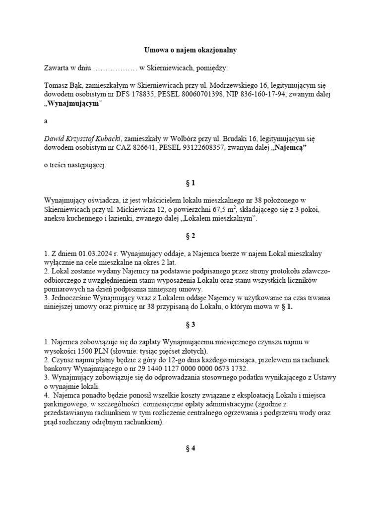 Umowa o Najem Okazjonalny | PDF