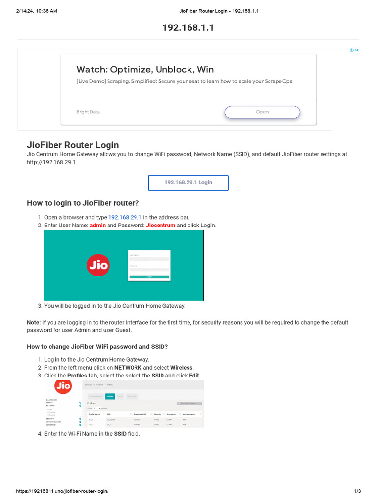 JioFiber Router Login 192.168.1.1 PDF Wi Fi Router