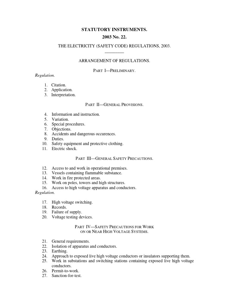 Electricity Safety Code Regulations 2003 | PDF | High Voltage ...