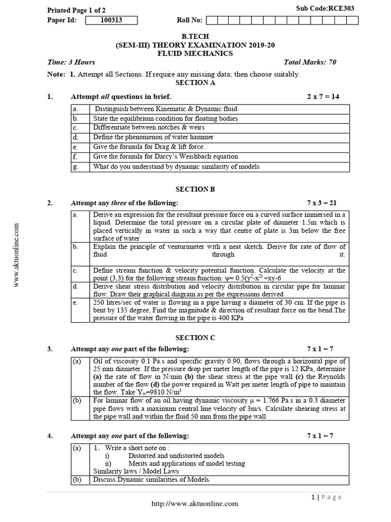Btech Ce 3 Sem Fluid Mechanics Rce303 2020 | PDF | Boundary Layer ...