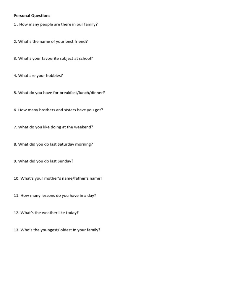Movers Speaking Personal Questions | PDF