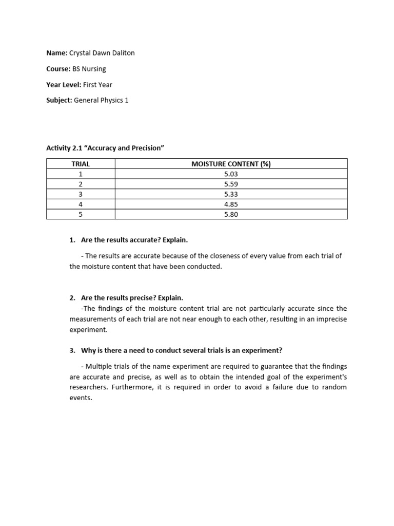 Accuracy and Precision in Physics Experiments | PDF | Significant ...
