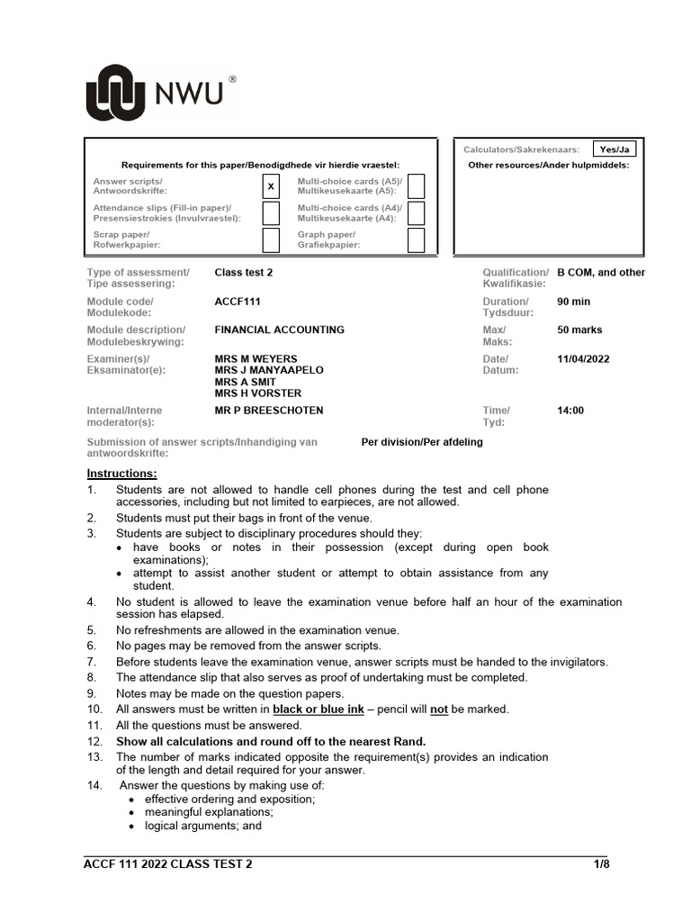 ACCF 111 Class Test 2 Guidelines | PDF | Bookkeeping | Discounting