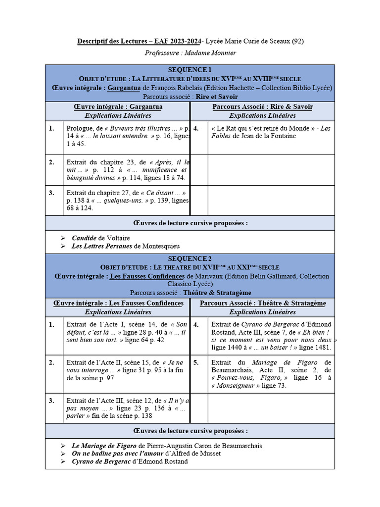 Descriptif EAF 2023-2024 Lycée Marie Curie | PDF | Littérature ...
