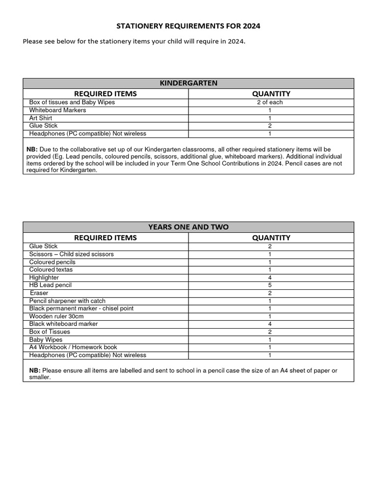 2024 School Stationery List | PDF | Pencil | Writing